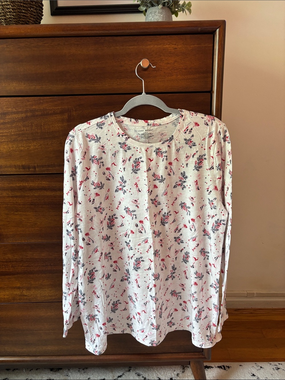 Lane Bryant White Long-Sleeve Tee with Pink, Red & Navy Floral Print